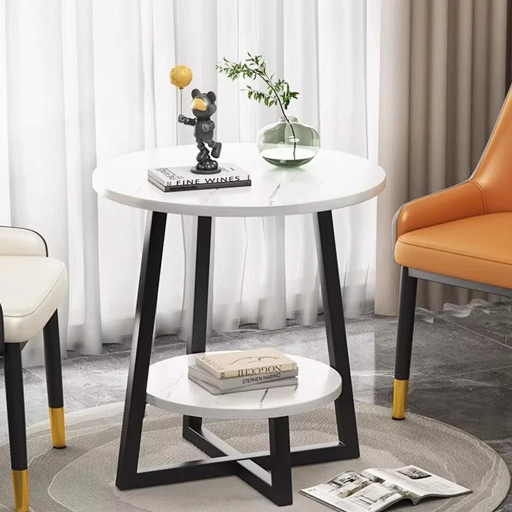 2-Tier Coffee Table Side Table White Marble Effect End Table LivingRoom Round