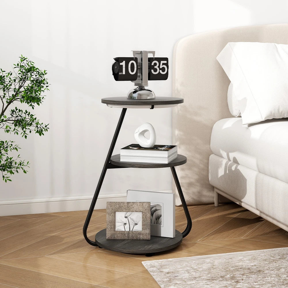 3-Tier Sofa Side Table LED Lighted Bedside Living Room End Table with Storage