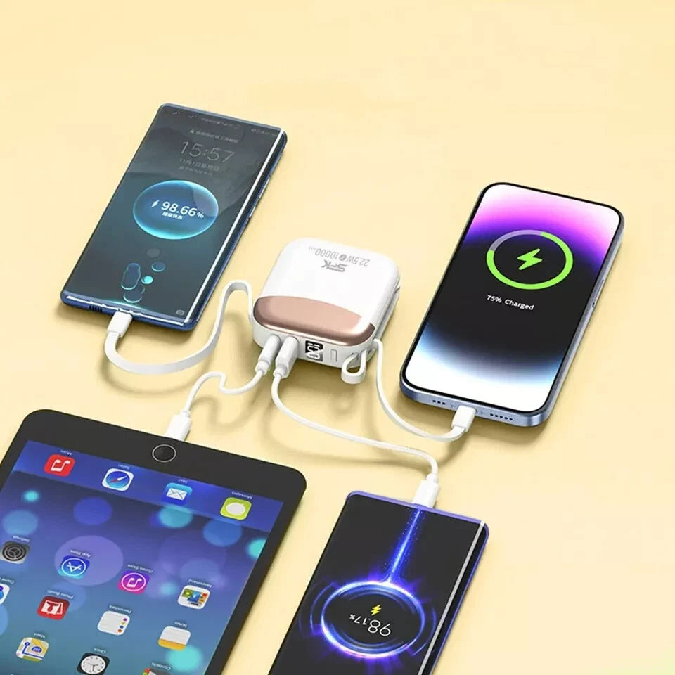 Mini portable Power Bank 10000mAh Charger Built-In USB-C Cable Fast Charge UK