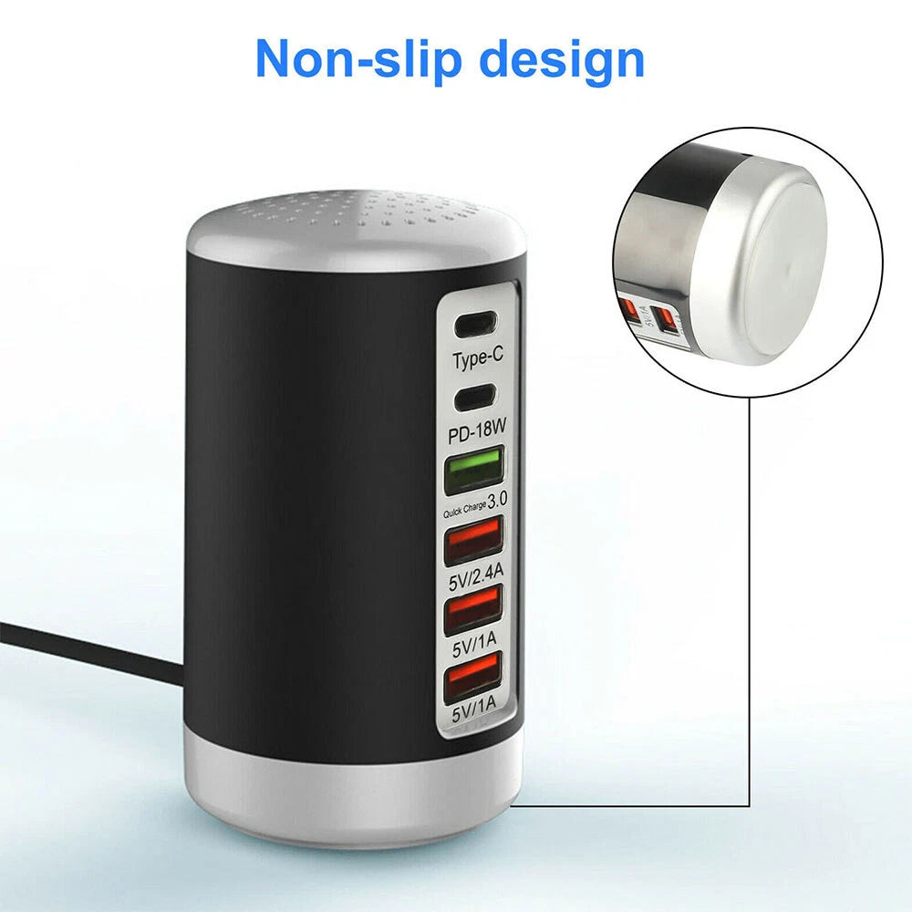 Multi 6 Port USB Charging Station Hub Tower Desktop Cell Phone Charger New Black