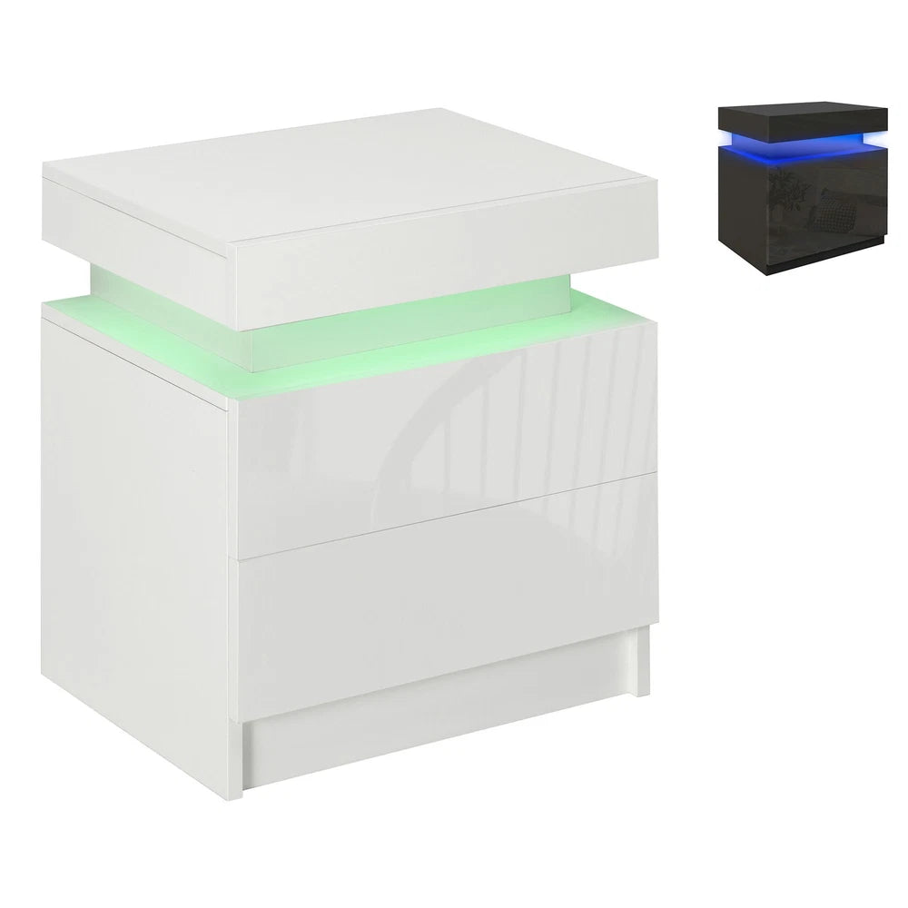Bedside Table, High Gloss Front Bedside Cabinet w/ LED Light, 2 Drawers