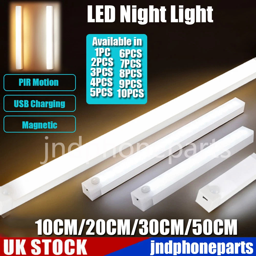 LED PIR Motion Sensor Strip Light Rechargeable Magnetic Cabinet Closet Lamp