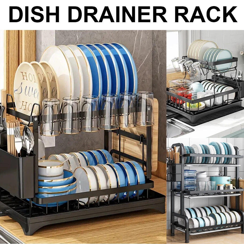 2/3 Tier Kitchen Sink Dish Drainer Rack With Drip Tray Cutlery Holder Plate Rack