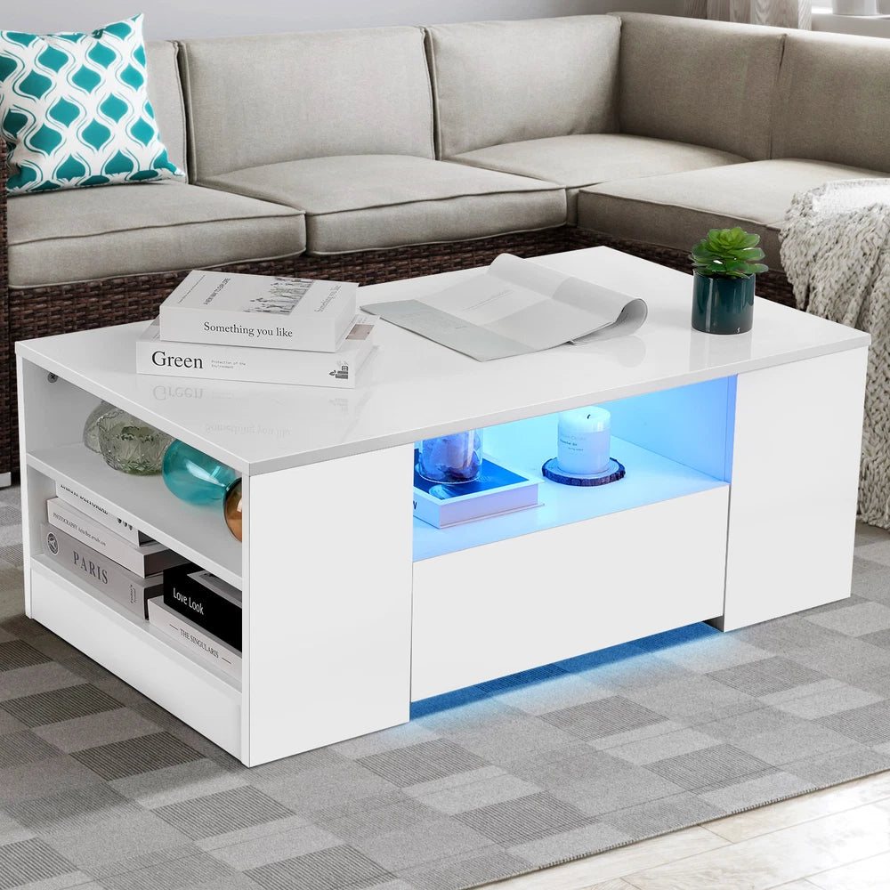 High Gloss LED Coffee Table With Storage Wooden 2 Drawer Living Room Furniture