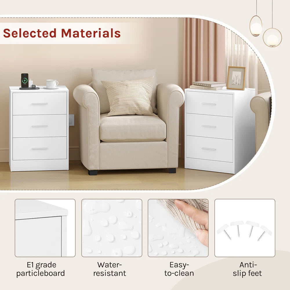 1/2x Bedside Table Cabinets w/ Charging Station Nightstand Storage Unit 3 Drawer