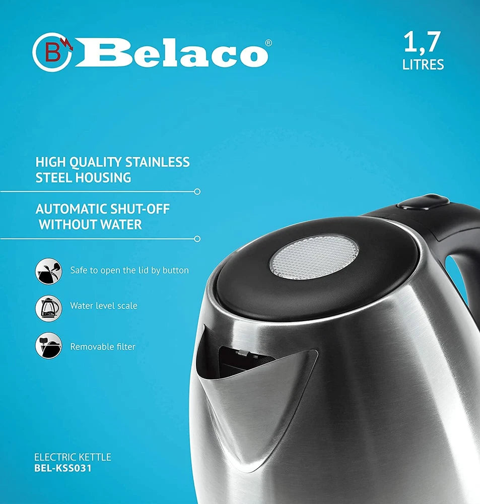 Belaco Electric Kettle Stainless Steel 1.7L,  2200w Fast Boil Cordless 360°