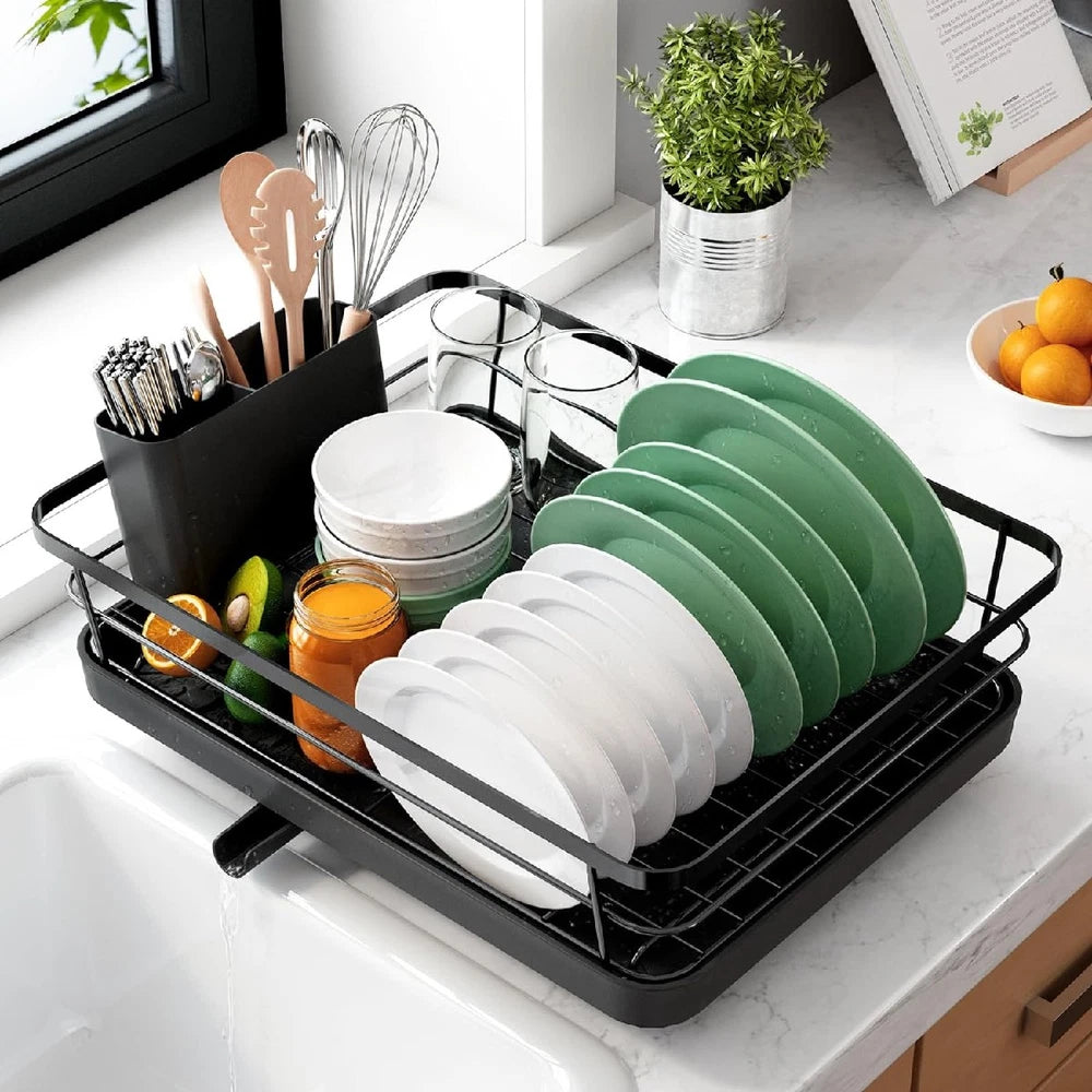 2 TIER KITCHEN SINK DISH DRAINER RACK WITH DRIP TRAY CUTLERY HOLDER PLATE RACK