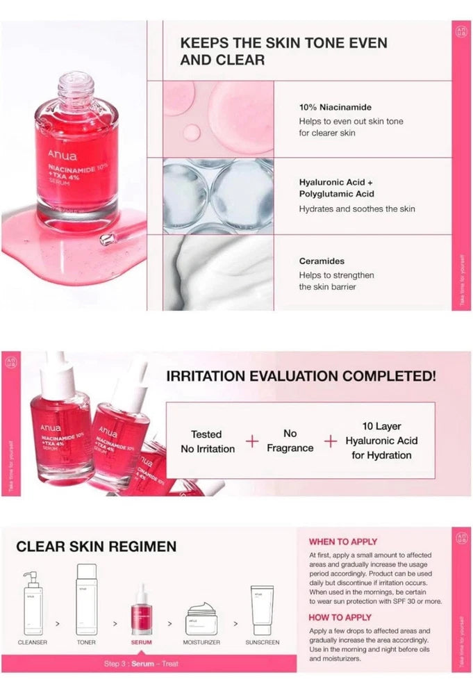 Anua Niacinamide Skincare 10% + TXA 4% Facial Serum, 30ml, Original in Box.