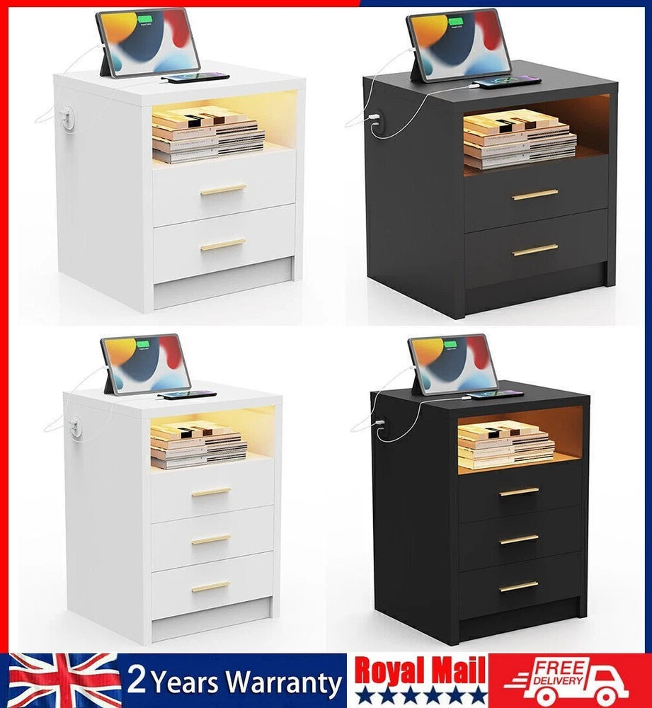 2/3 Drawers High Gloss Front Bedside Table Cabinet LED Nightstand With Charging