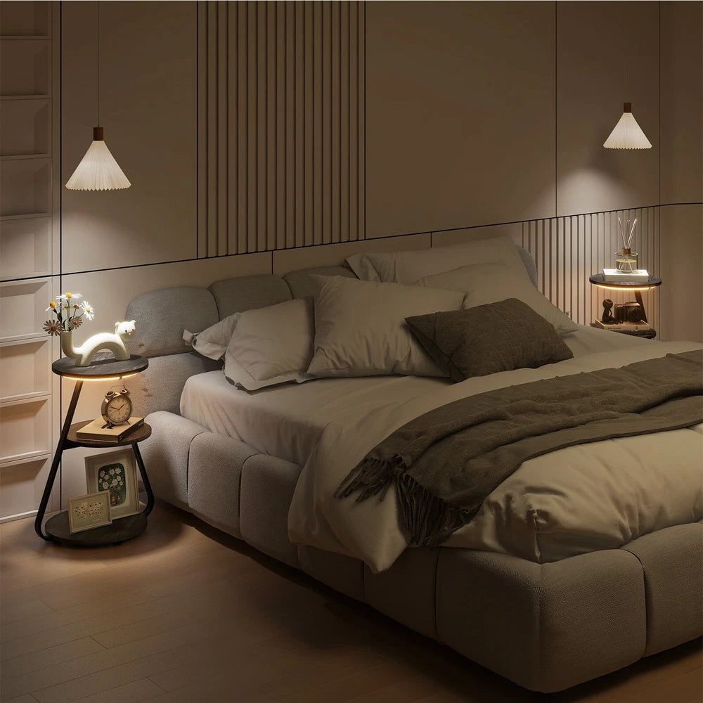 3-Tier Sofa Side Table LED Lighted Bedside Living Room End Table with Storage