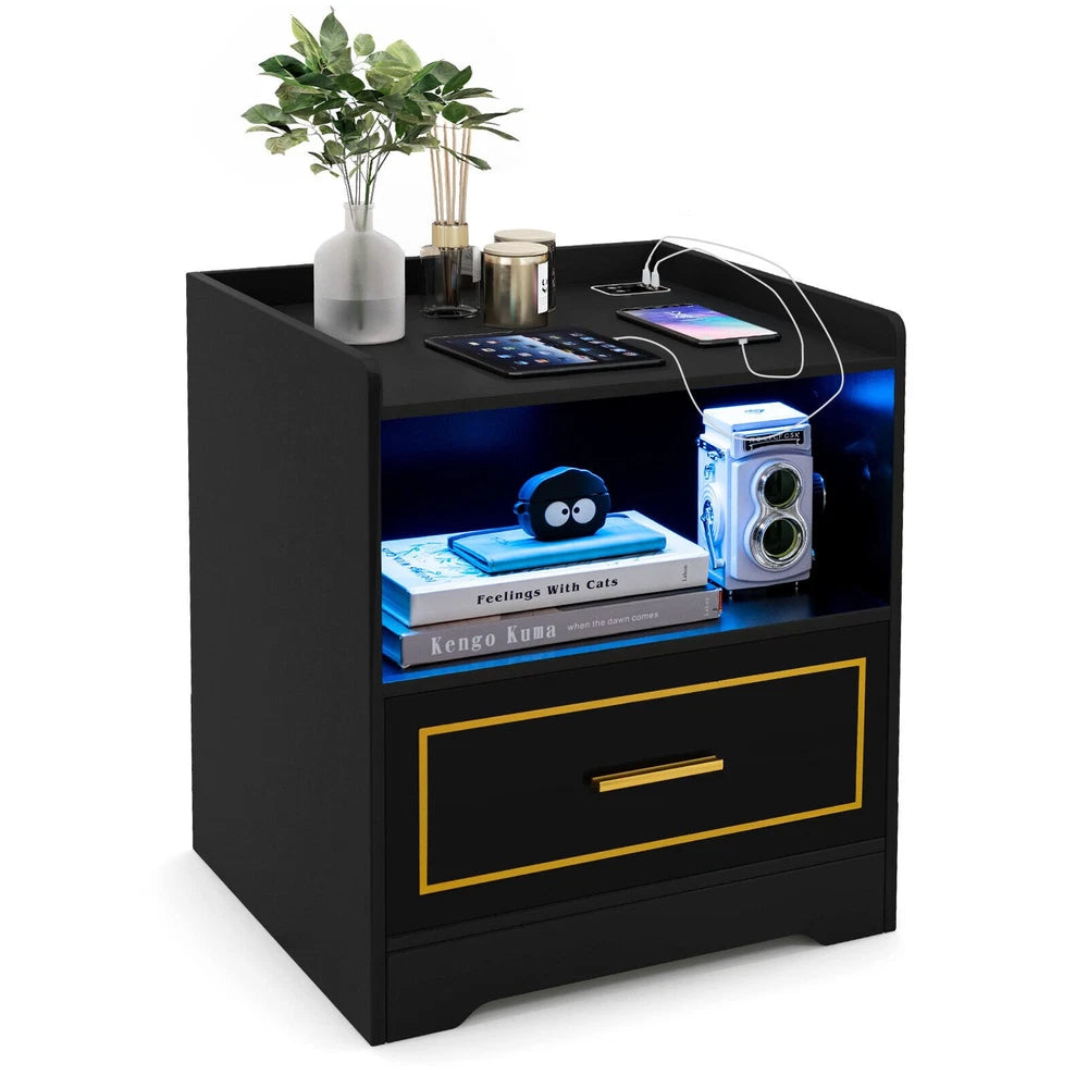 Modern Smart Bedside Table LED Nightstand Sofa Side End Table w/USB Type-C Port