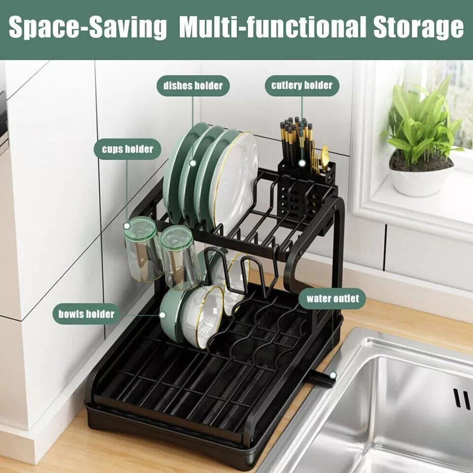 2 Tier Kitchen Sink Dish Drainer Rack With Drip Tray Cutlery Holder Plate Rack