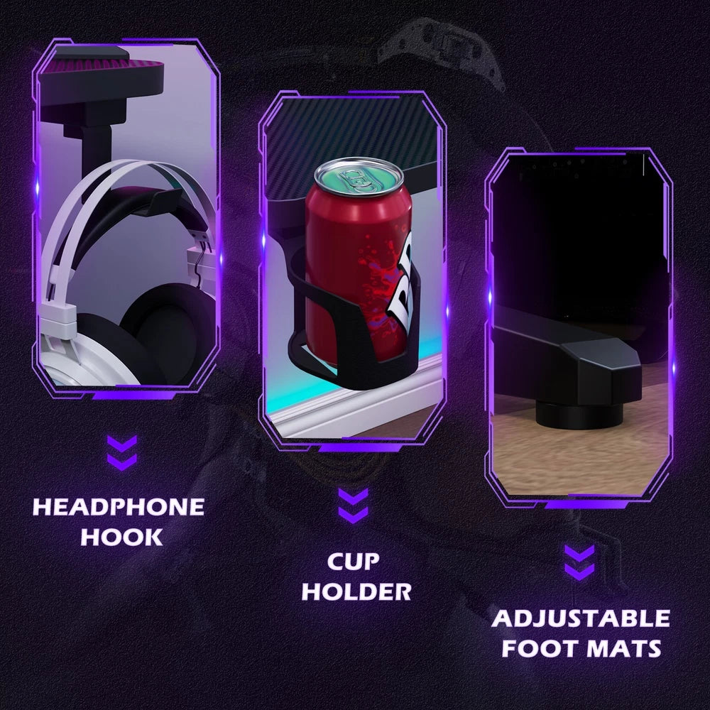 Gaming Desk LED RGB Computer Table Workstation w/ Cup Holder & Headphone Hook