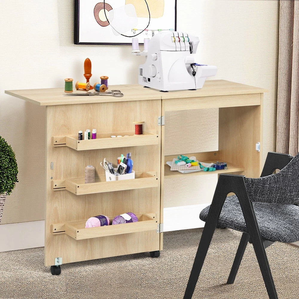 Folding Sewing Table 2 IN 1 Rolling Craft Table Office Desk Workstation
