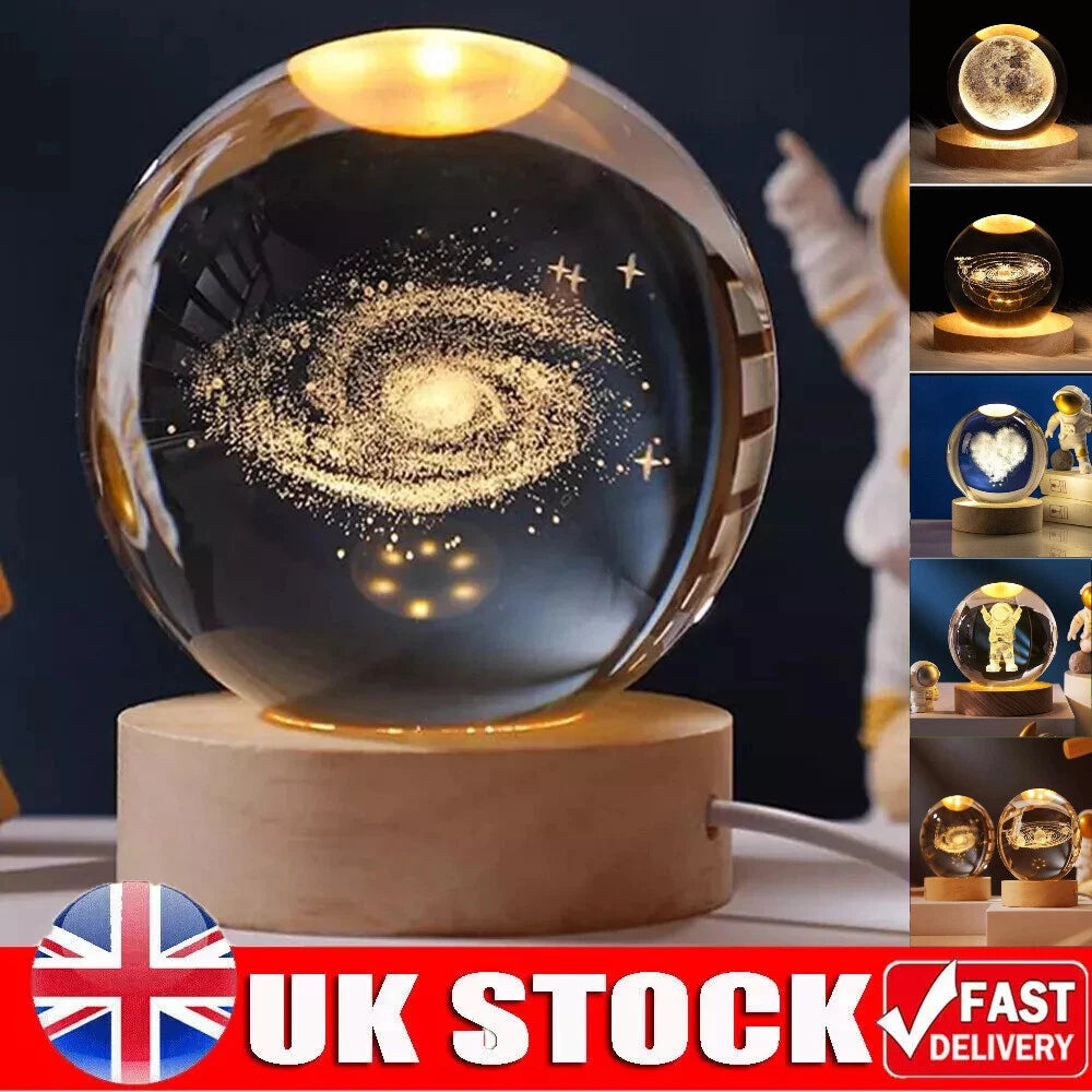 LED Crystal Ball Table Lamp USB 3D Moon Planet Globe Galaxy Night Light Bedside#