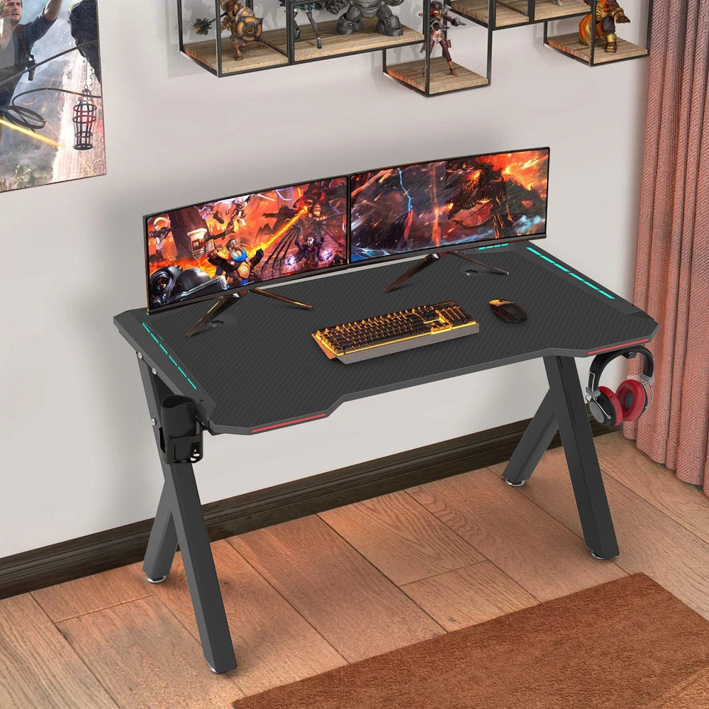 XXL Gaming Desk RGB LED Computer Racing Table Carbon Fiber PC Gamer Workstation
