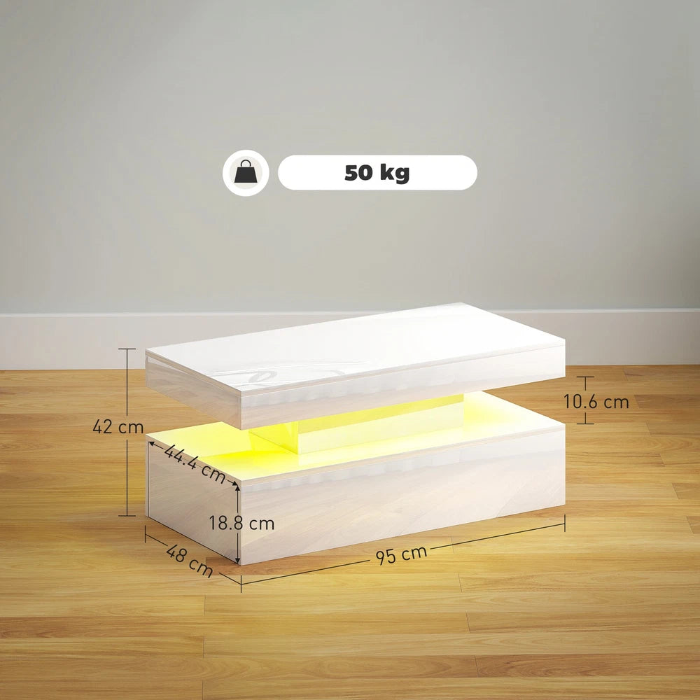 Coffee Table with LED Lights, High Gloss Living Room Table with 2 Drawers, White