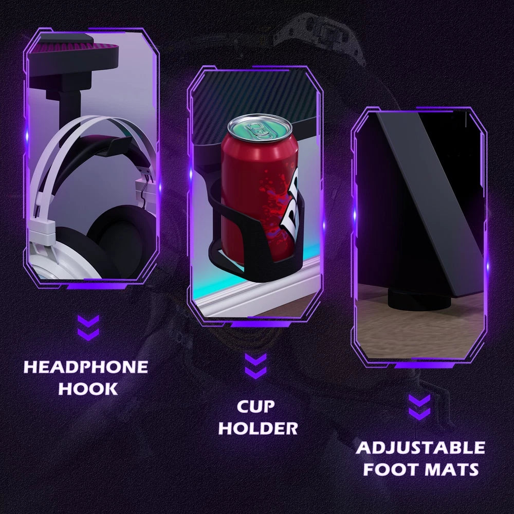 Gaming Desk LED RGB Computer Table Workstation with Cup Holder & Headphone Hook