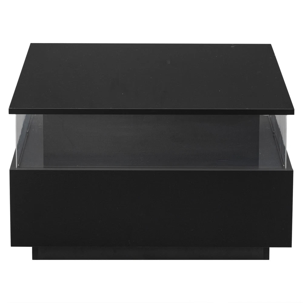 Coffee Table with LED Square High Gloss Black Storage Tea Table for Living Room