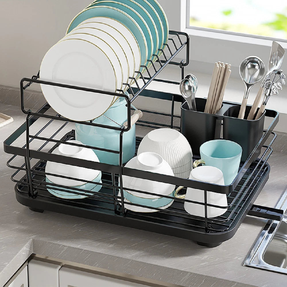 2-Tier Dish Drainer Rack with Drip Tray Cutlery Holder Plate Rack Kitchen Sink
