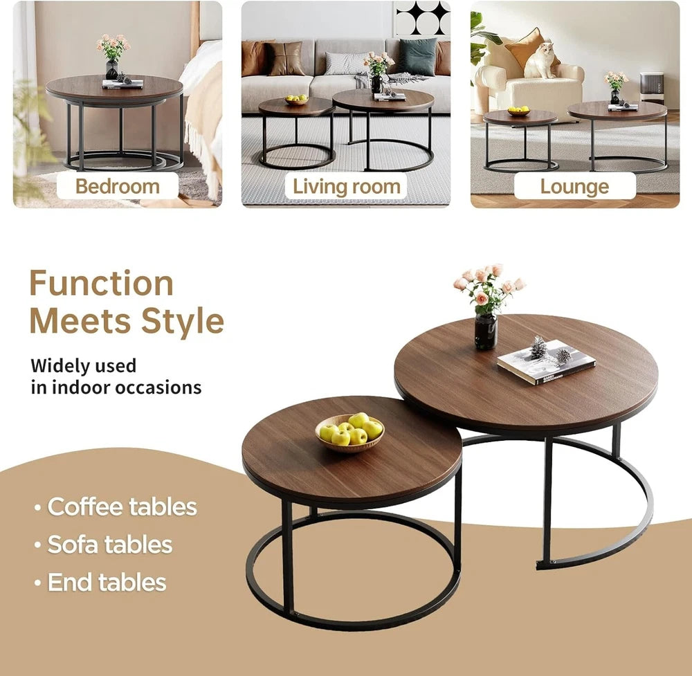 Nesting Coffee Tables Set of 2, Round Stacking Sofa Side Tables for Living Room