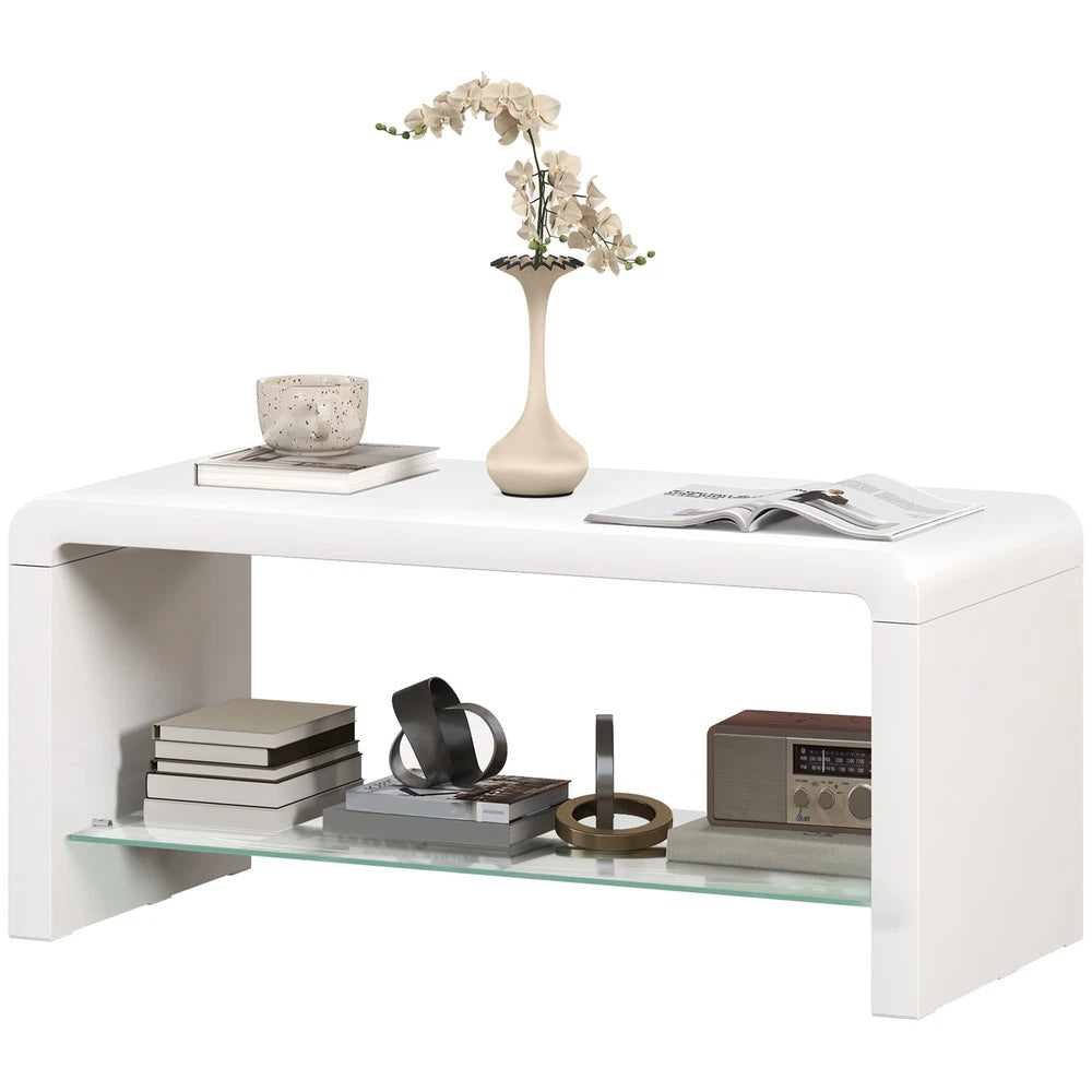 High Gloss Coffee Table with Glass Shelf, Two-Tier Living Room Table, White
