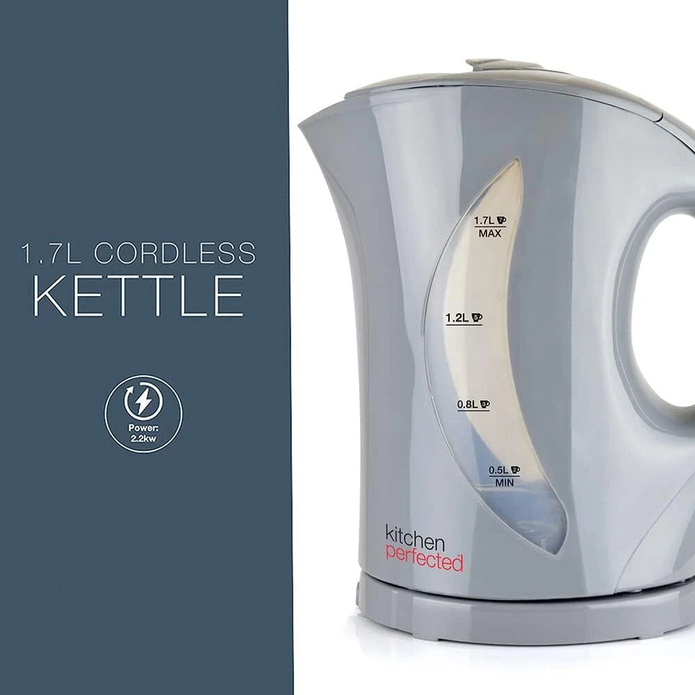 Grey Cordless Electric Kettle 1.7 Litre Jug 2200W Fast Boil Washable Filter