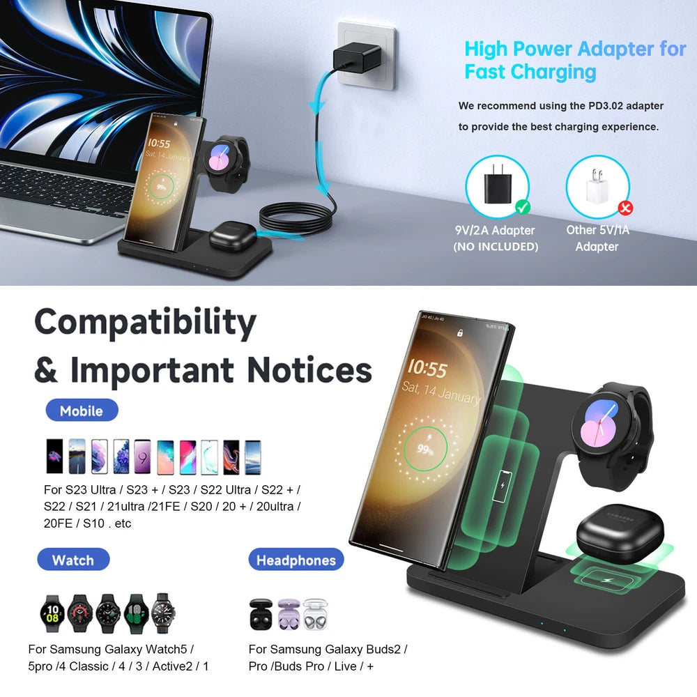 3in1 Wireless Charger Station Dock For Samsung Galaxy Watch 7/6 S25+ S24 Z Flip6