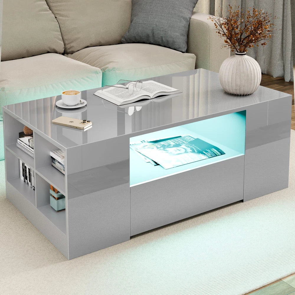 LED Coffee Table Wooden 2 Drawer Storage High Gloss Modern Living Room Furniture
