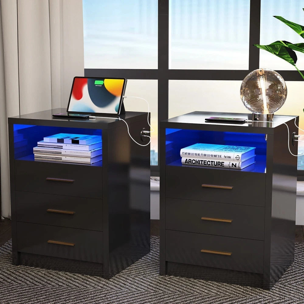 2/3 Drawers High Gloss Front Bedside Table Cabinet LED Nightstand With Charging