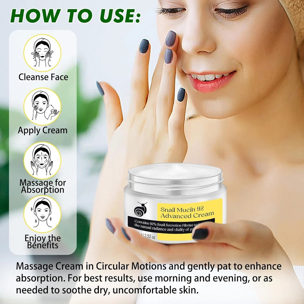 Snail Mucin 92% Face Moisturizer – 3.52 Oz Hydrating & Repairing Cream for Soft,