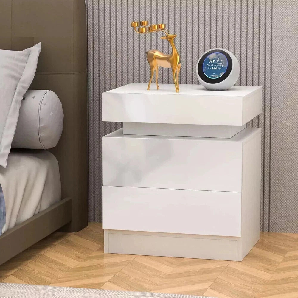 High Gloss 2/3 Drawer Bedside Table Cabinet LED RGB Light Storage Nightstand