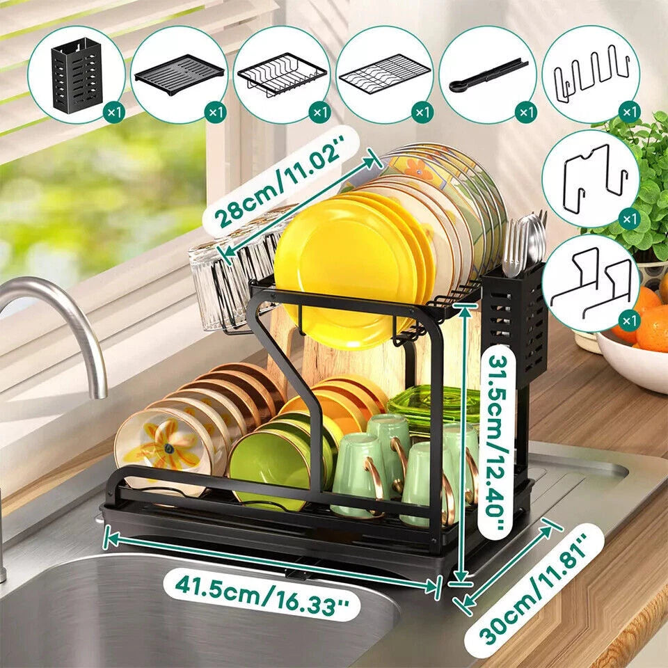2 Tier Kitchen Sink Dish Drainer Rack With Drip Tray Cutlery Holder Plate Rack