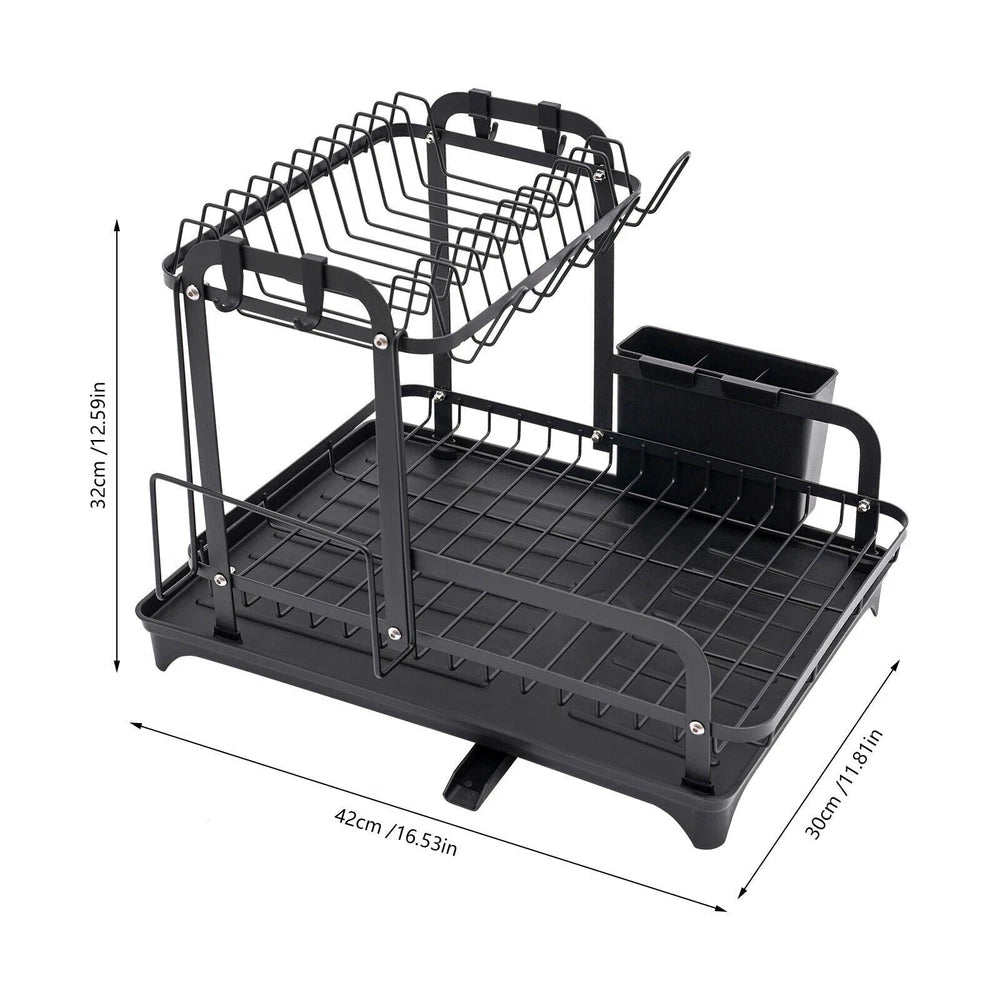 2 Tier Dish Drainer Plate Rack With Drip Tray Sink Drying Draining Plate Bowl UK