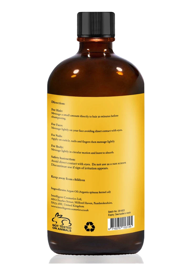 Organic Argan Oil 100% Cold Pressed Pure Virgin Vegan for Hair Beard & Skincare