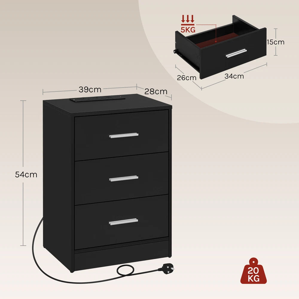 1/2x Bedside Table Cabinets w/ Charging Station Nightstand Storage Unit 3 Drawer