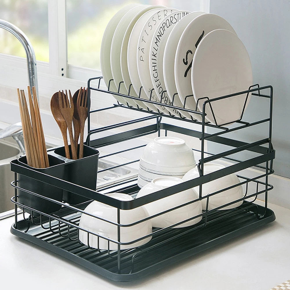 2-Tier Dish Drainer Rack with Drip Tray Cutlery Holder Plate Rack Kitchen Sink
