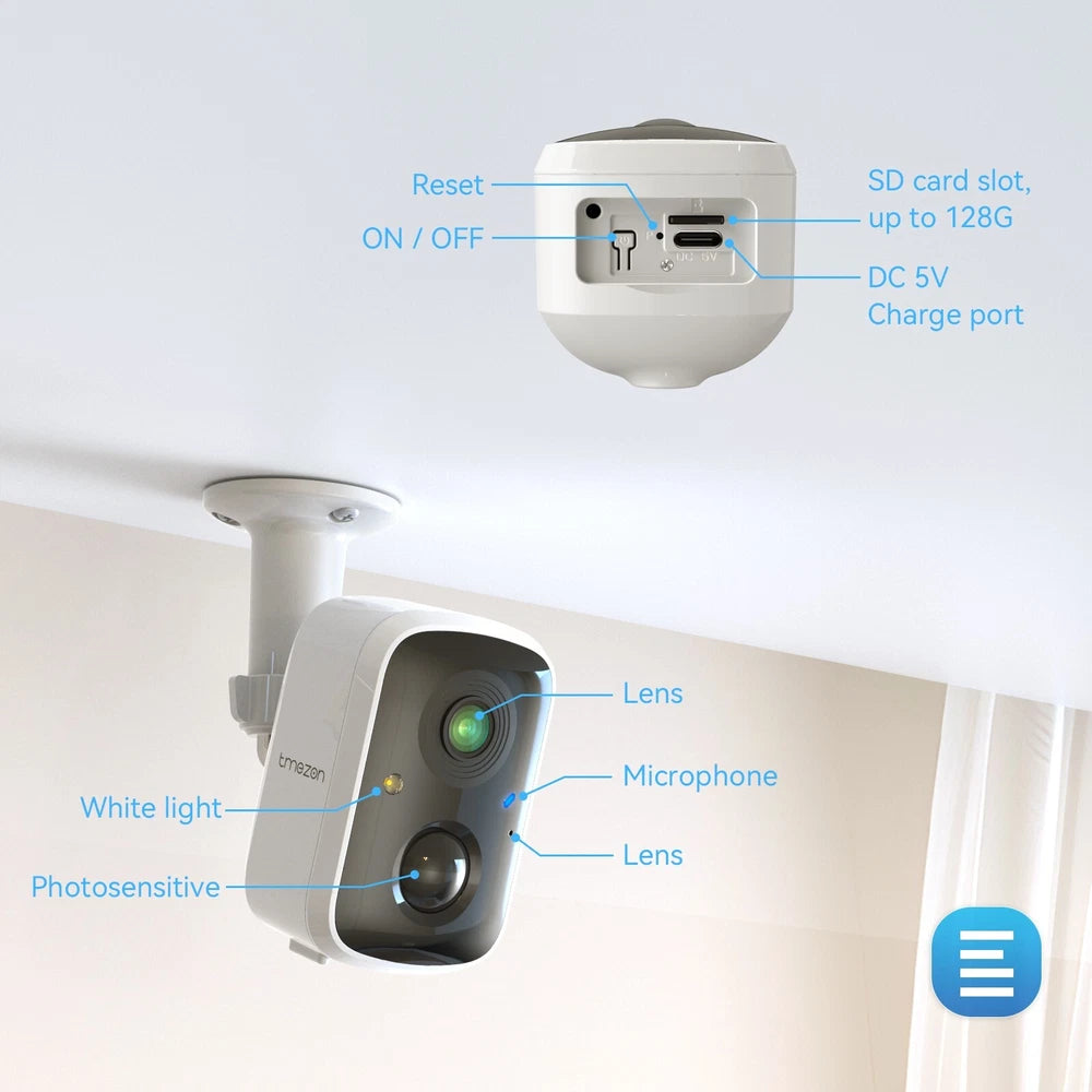 TMEZON Outdoor Security Camera Colour Night Vision Home WiFi Battery CCTV System