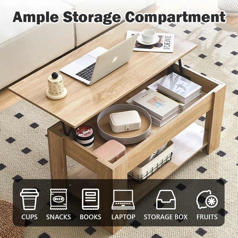 Lift Up Top Coffee Table Modern  Desk Hidden Storage Bottom Shelf 100*50*55cm