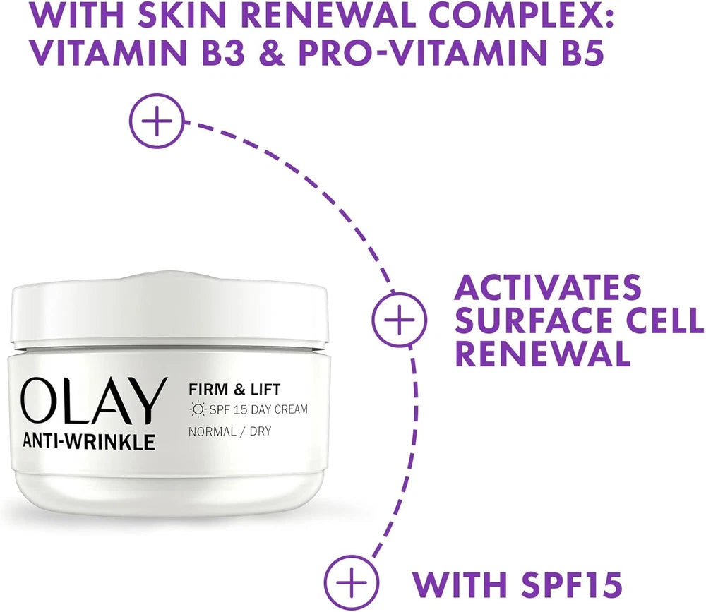 Olay Anti-Wrinkle Firm & Lift Day Cream with SPF15, Helps to Visibly Reduce Fine