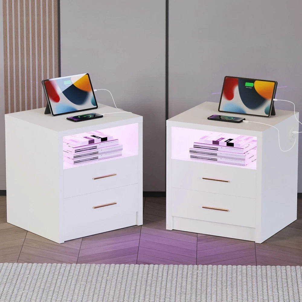 2/3 Drawers High Gloss Front Bedside Table Cabinet LED Nightstand With Charging