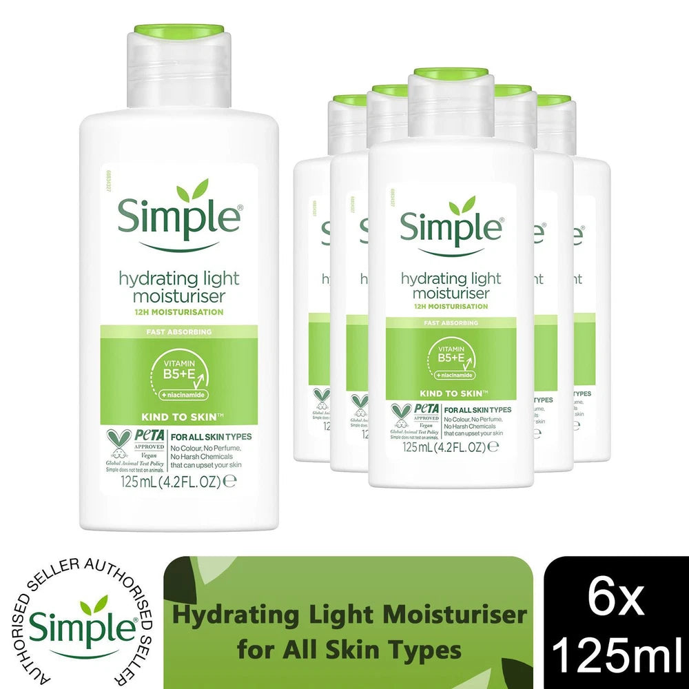 6x 125ml Simple Kind to Skin 12H Hydrating Light Moisturiser for Sensitive Skin