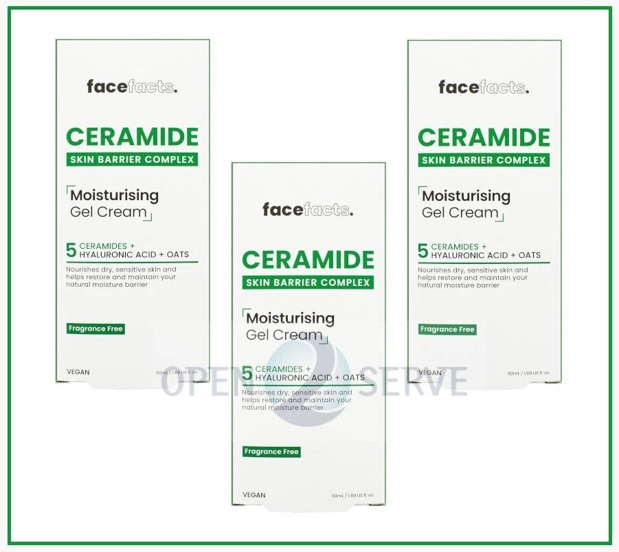 3x Face Facts Ceramide Skin Moisturising Gel Cream Fragrance Free | Vegan - 50ml