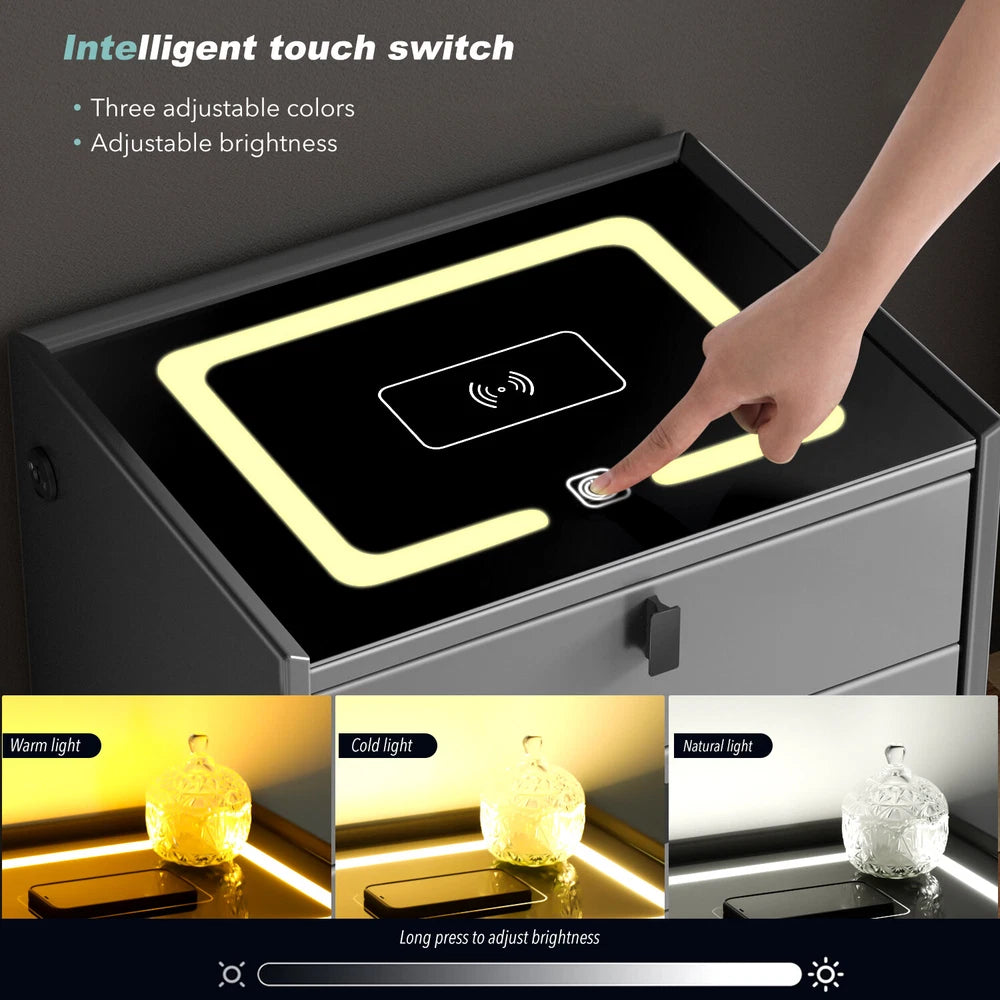 3 Drawers LED Bedside Table Wireless Charging Nightstand Bedside Cabinet Grey