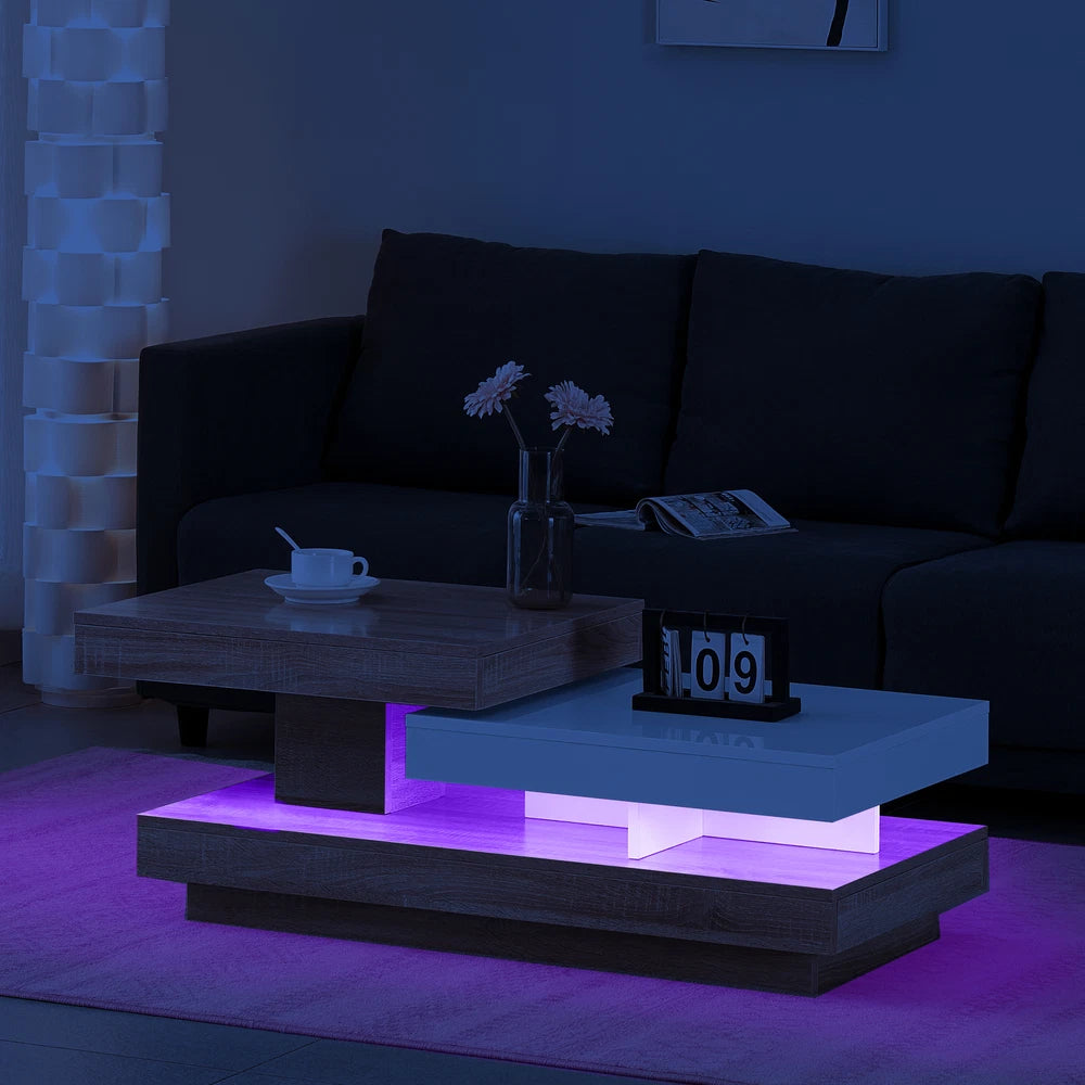 360° Rotating Coffee Table Rectangle w/LED Lights for Living Room