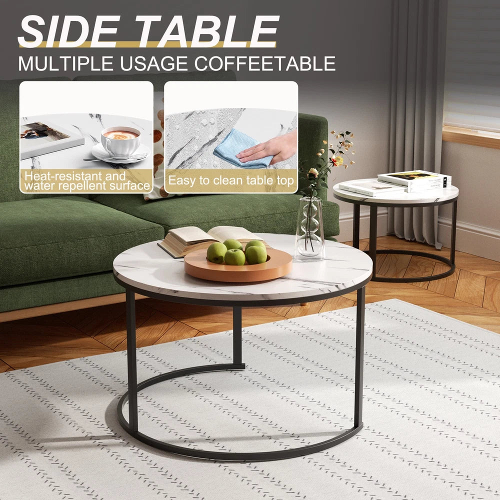 Set of 2 Nested Coffee Table Marble Effect Nesting Sofa Side Table Living Room