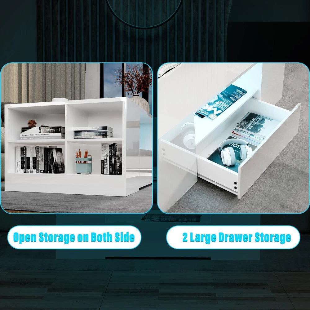 LED Coffee Table Wooden 2 Drawer Storage High Gloss Modern Living Room Furniture