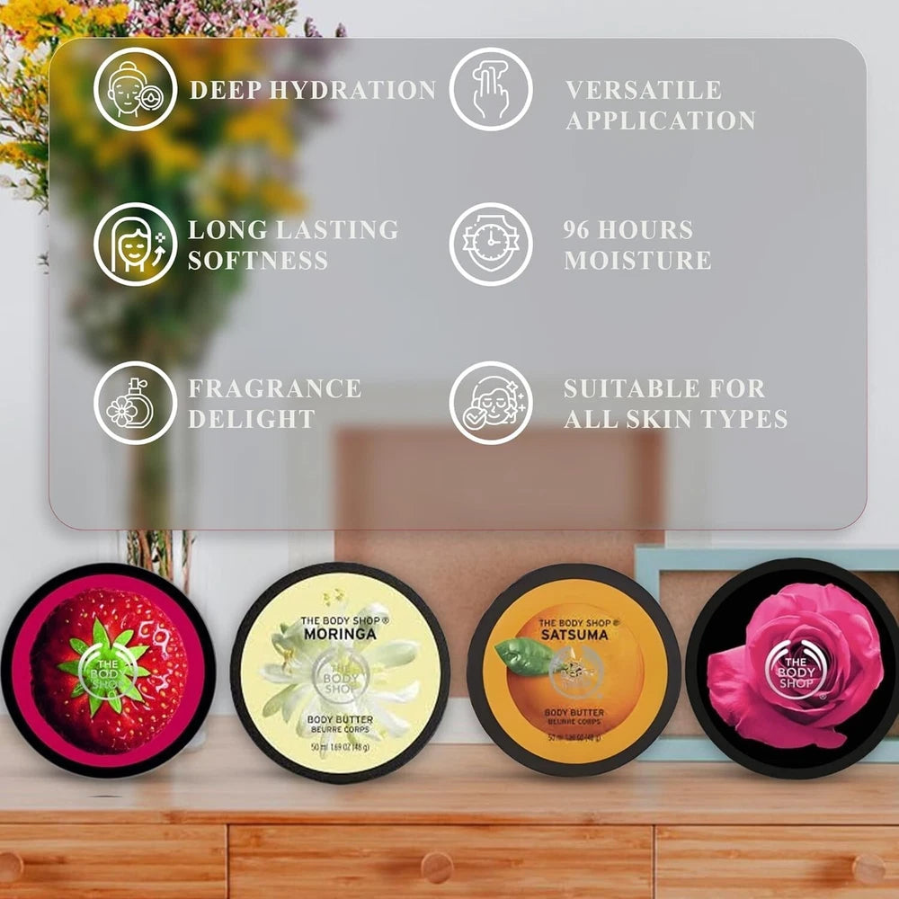 The Body Shop Body Butter British Rose, Moringa, Strawberry, Satsuma 50ml all 4