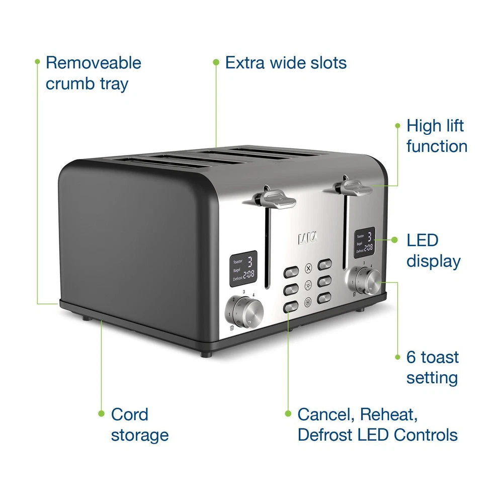 4 Slice Digital Toaster, Wide Slots, Defrost/Reheat, Browning Settings, Laica
