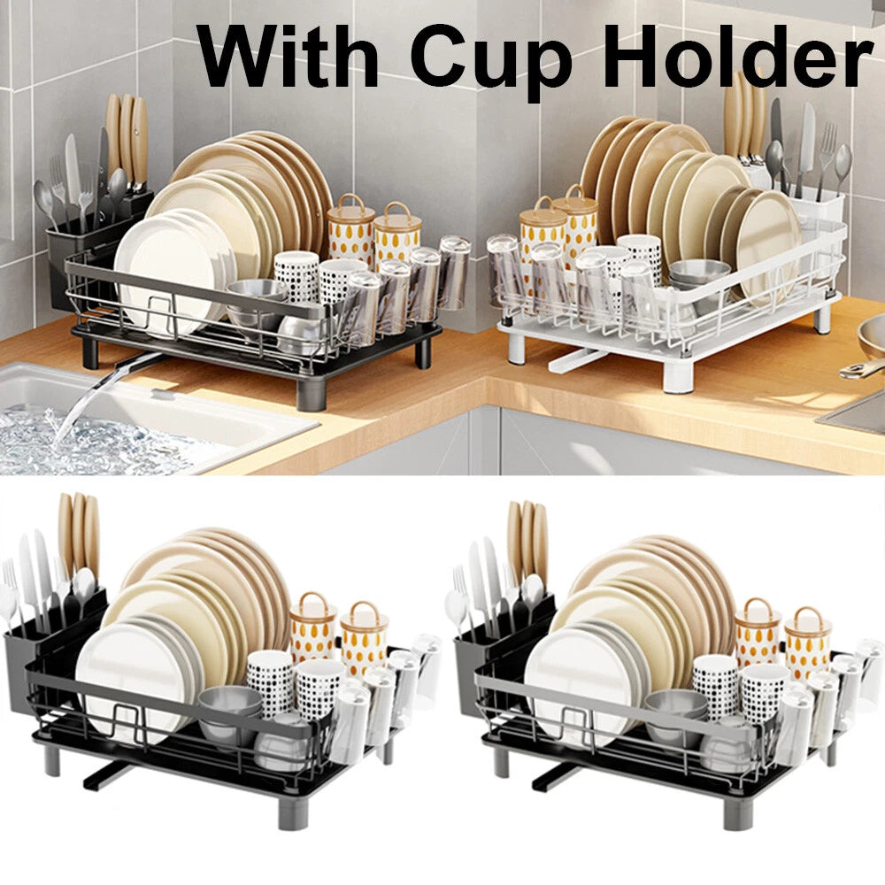 Kitchen Dish Drainer Plate Drying Rack with Drip Tray Cup Cutlery Utensil Holder